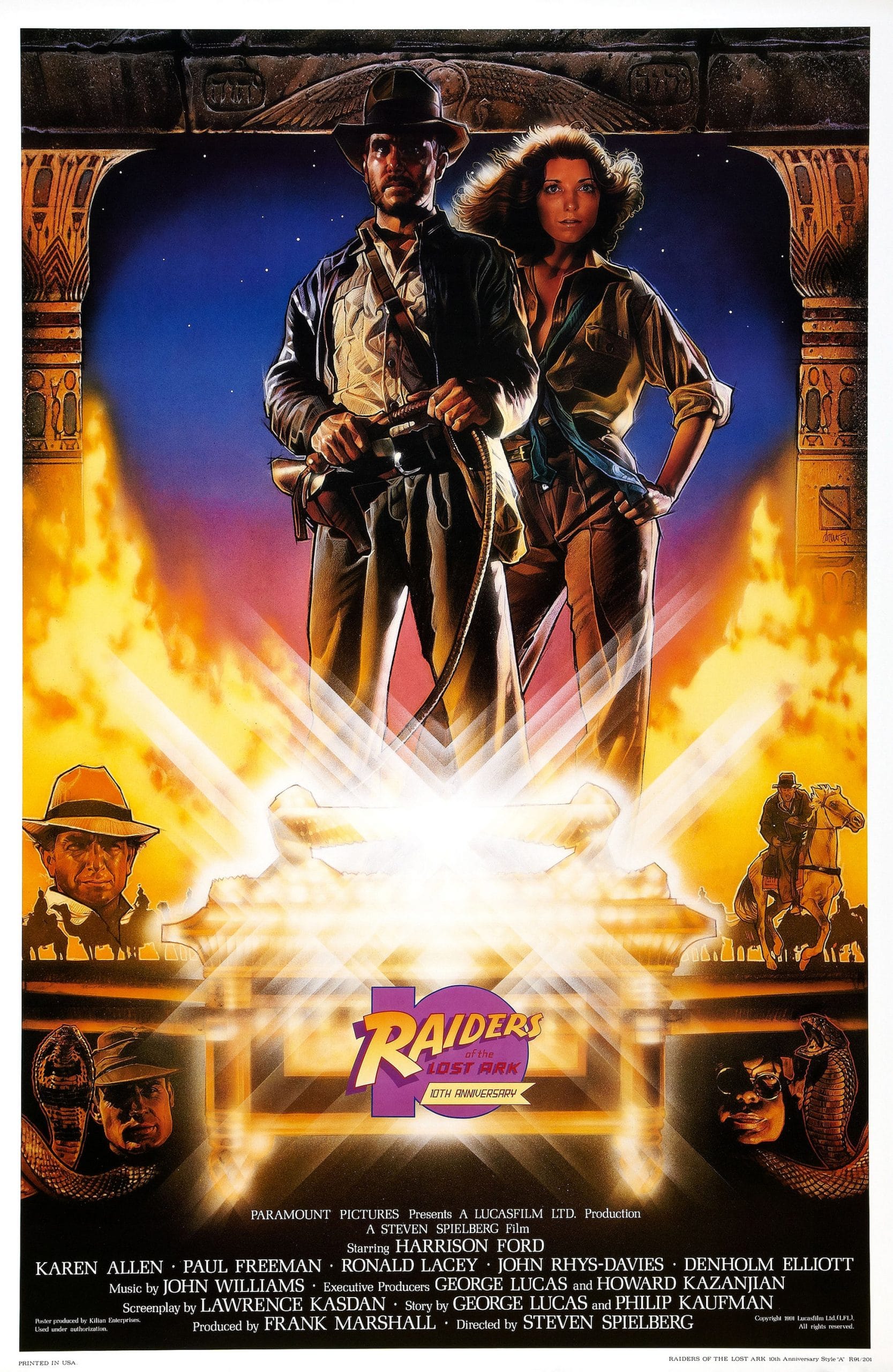 RAIDERS OF THE LOST ARK, US 10th anniversary re-issue poster, top, from left: Harrison Ford, Karen Allen, 1981