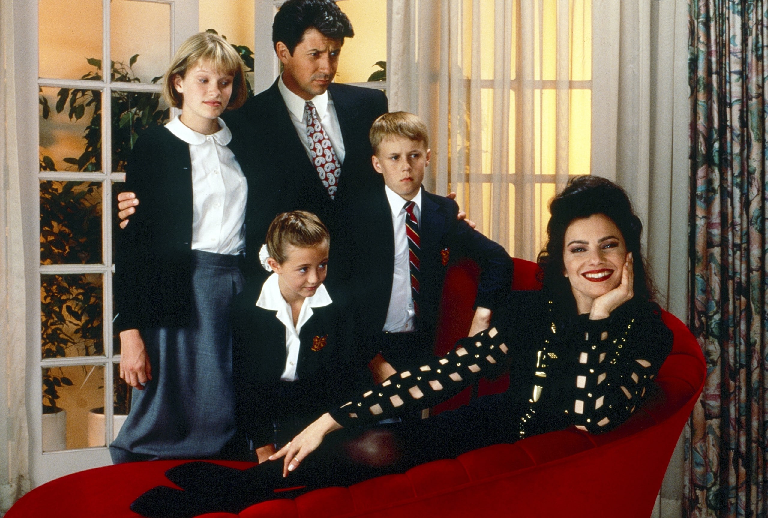 THE NANNY, from left: Nicholle Tom, Madeline Zima, Charles Shaughnessy, Benjamin Salisbury, Fran Drescher, 1993-1999