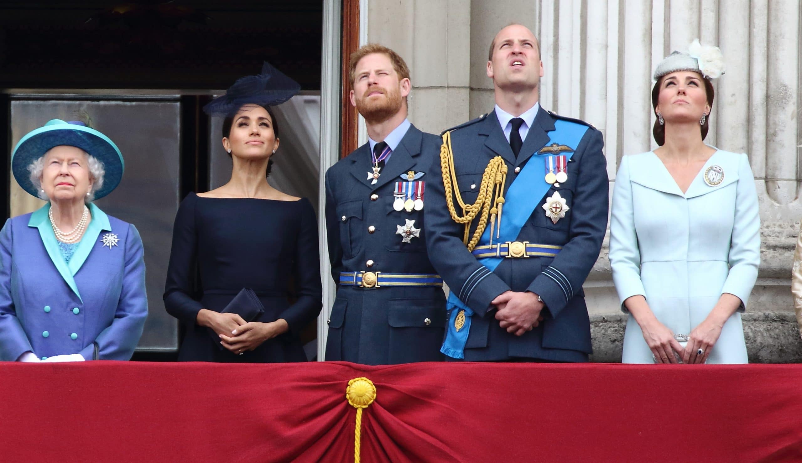 Queen Elizabeth II, Prince Harry and Meghan Markle (The Duke and Duchess of Sussex) with Prince William and Kate Middleton