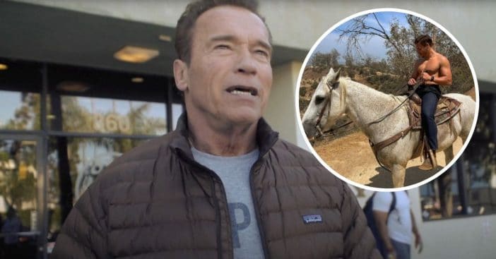 Arnold Schwarzenegger son Joseph shows off muscles while on horseback
