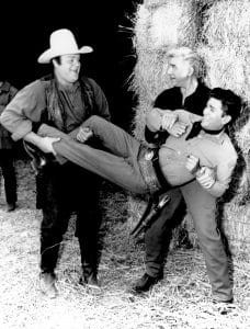 BONANZA, Dan Blocker, Lorne Greene, Michael Landon, (playing around during a publicity shoot)