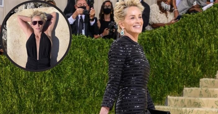 Sharon Stone in her black Met Gala dress and black swimsuit