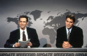 Years after Chase, Macdonald became an anchor of Weekend Updates. Pictured: Norm MacDonald, George Clooney