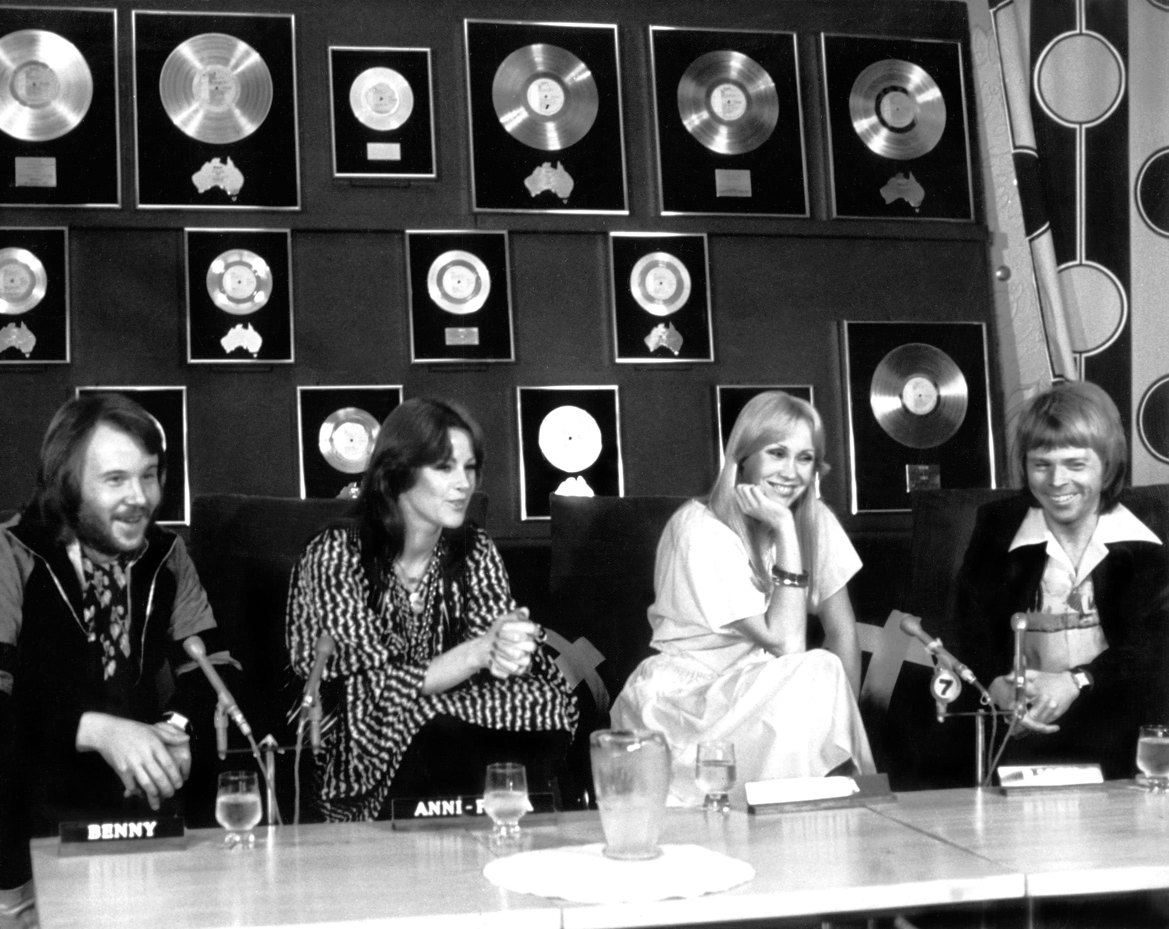 Abba, [Benny Andersson, Anni-Frid Lyngstad (aka Frida), Agnetha Faltskog, Bjorn Ulvaeus], at Austrailian Press Conference, circa late 1970s 