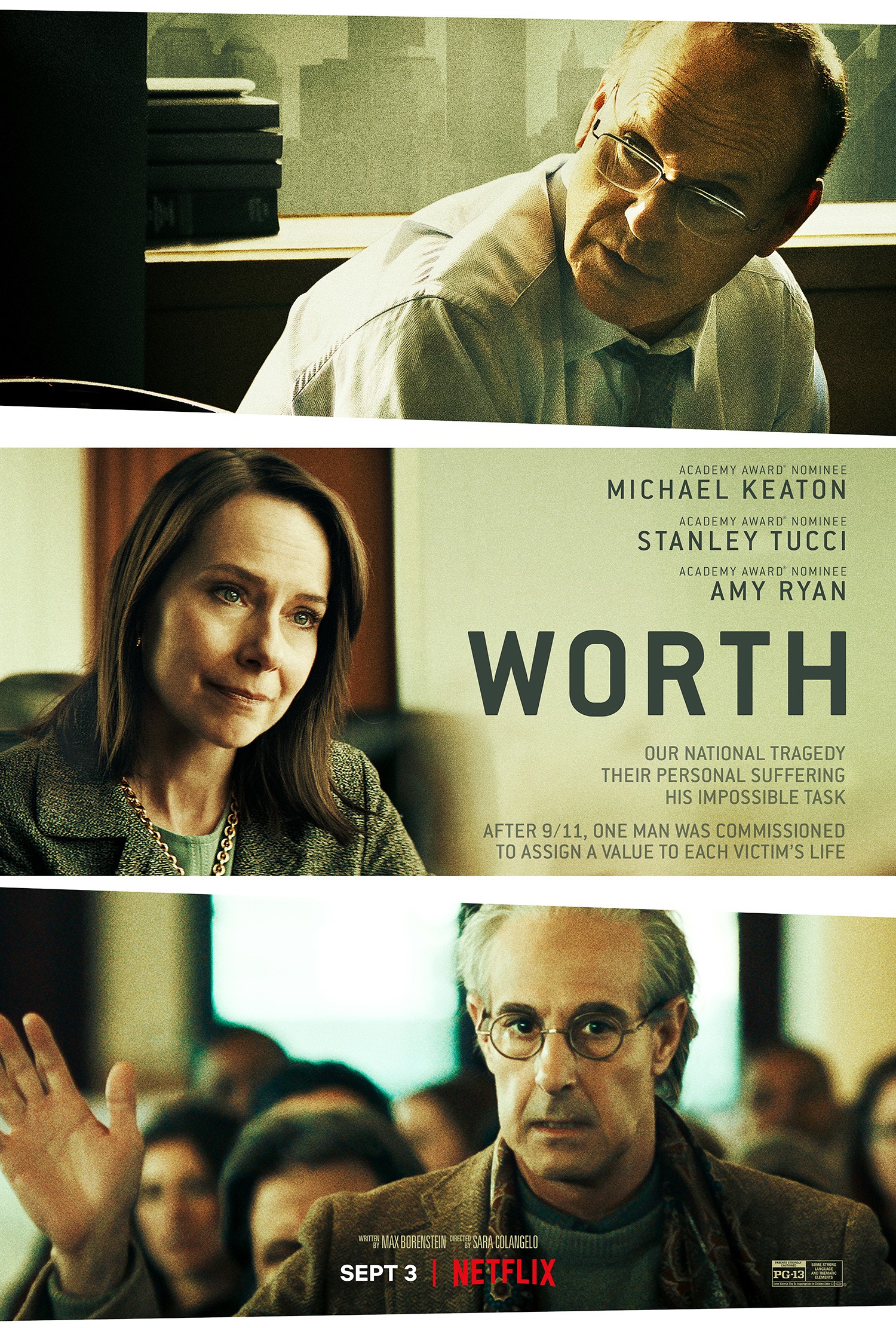 WORTH, (aka WHAT IS LIFE WORTH), US poster, from top: Michael Keaton, Amy Ryan, Stanley Tucci, 2020