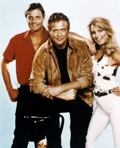 THE FALL GUY, from left: Douglas Barr, Lee Majors, Heather Thomas