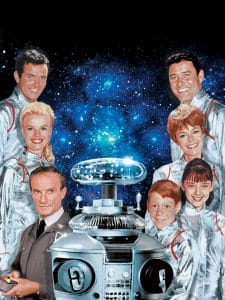 LOST IN SPACE, (left row) Mark Goddard, Marta Kristen, Jonathan Harris, (ctr) The Robot, (right row) Guy Williams, June Lockhart, Angela Cartwright, Bill Mumy