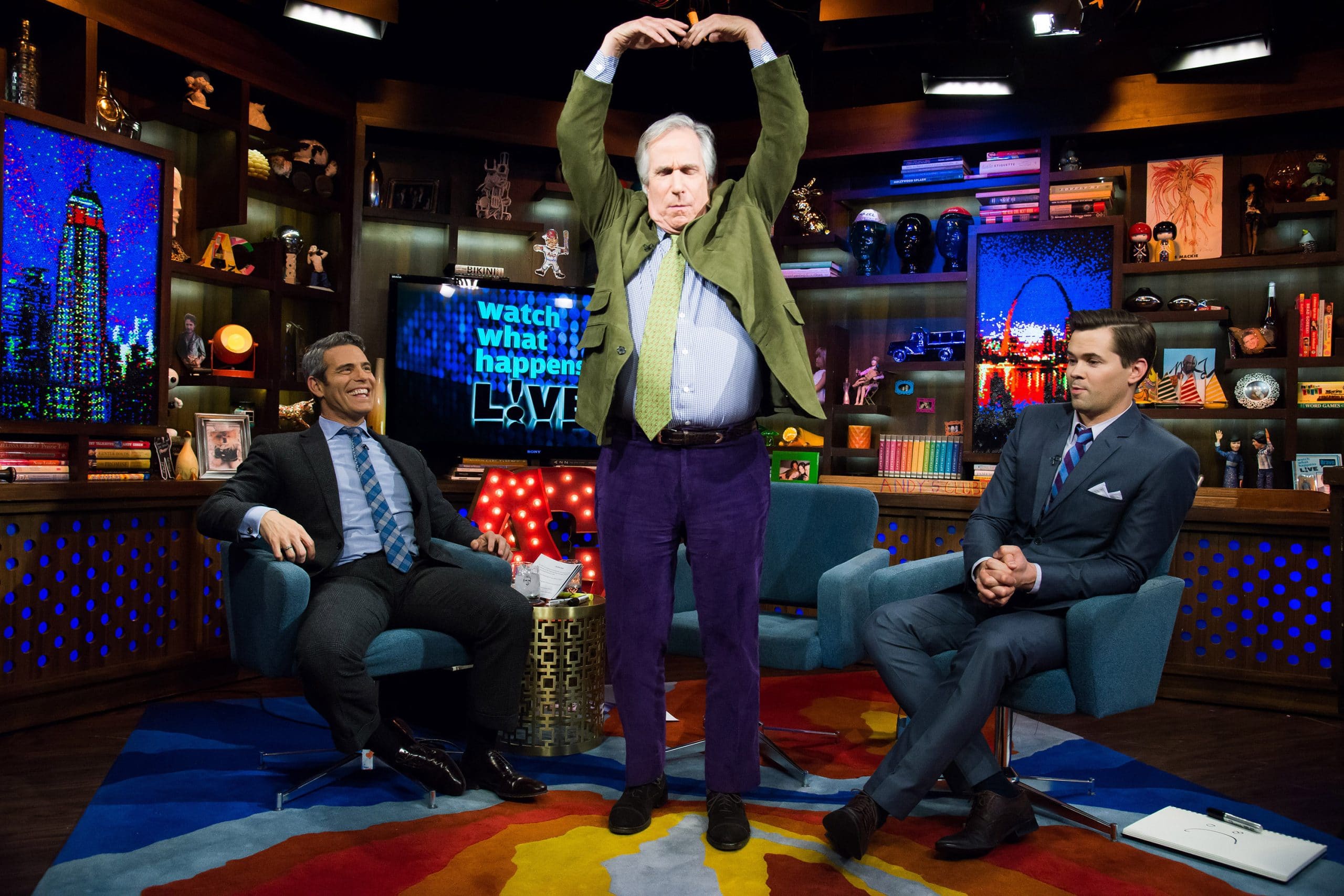 WATCH WHAT HAPPENS LIVE, (from left): host Andy Cohen, Henry Winkler, Andrew Rannell