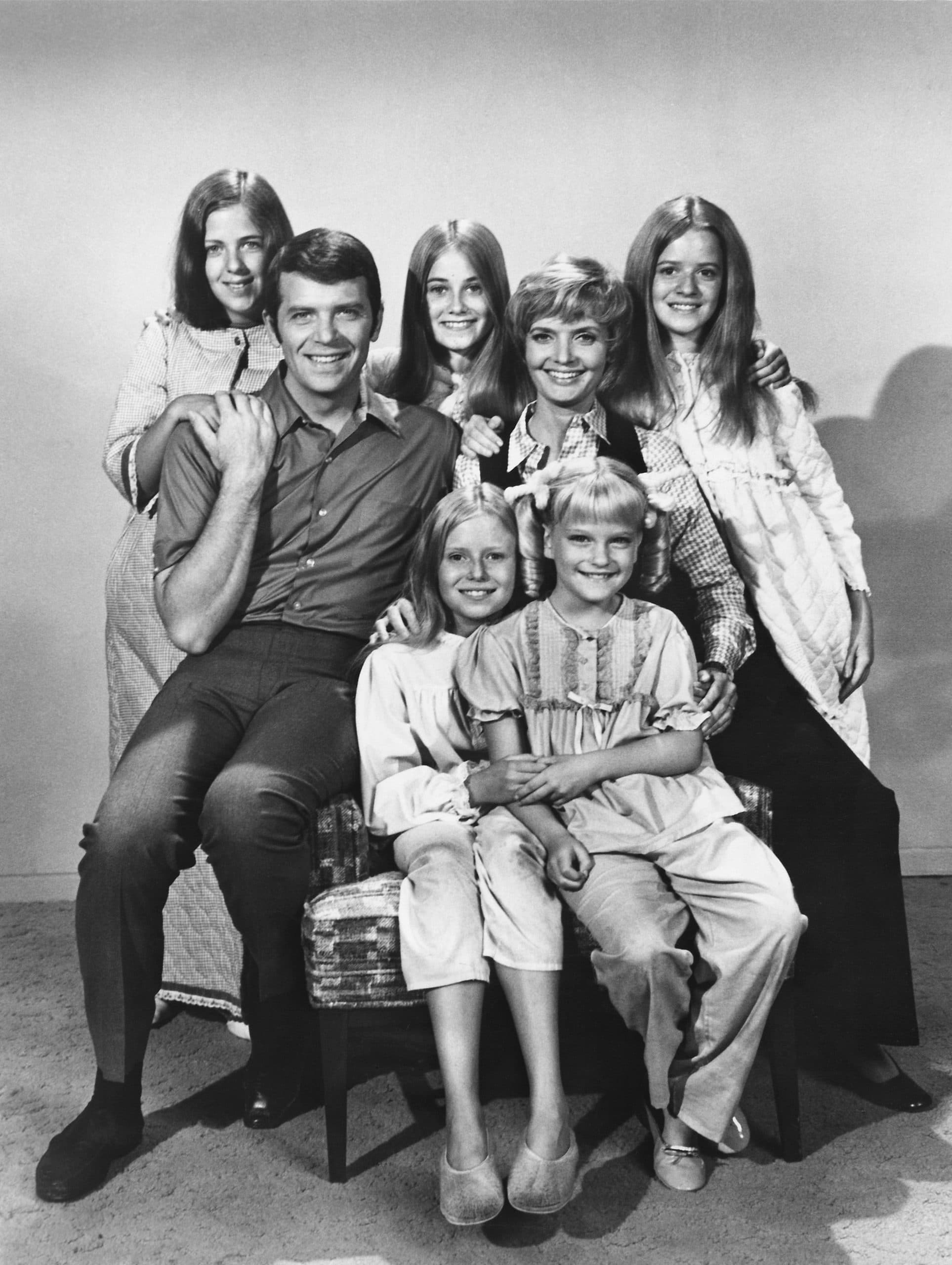 THE BRADY BUNCH, (Back Row), Carolyn Reed, (with her real Dad), Robert Reed, Maureen McCormick, Florence Henderson, (with her real daughter), Barbara Henderson, (Front row), Eve Plumb, Susan Olsen, in 'The Slumber Party,' 