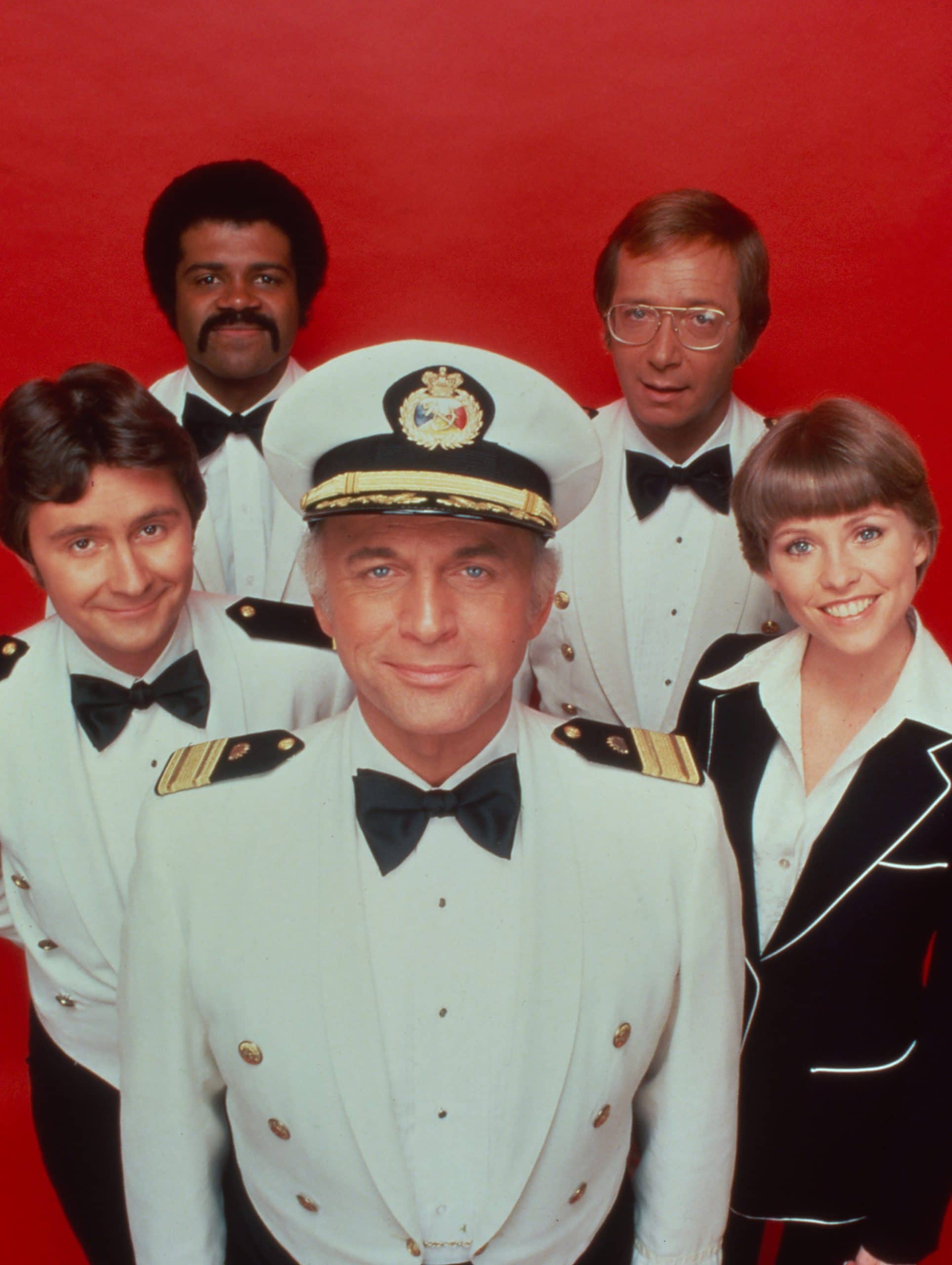 THE LOVE BOAT, clockwise from front center: Gavin MacLeod, Fred Grandy, Ted Lange, Bernie Kopell, Lauren Tewes, 1977-1986