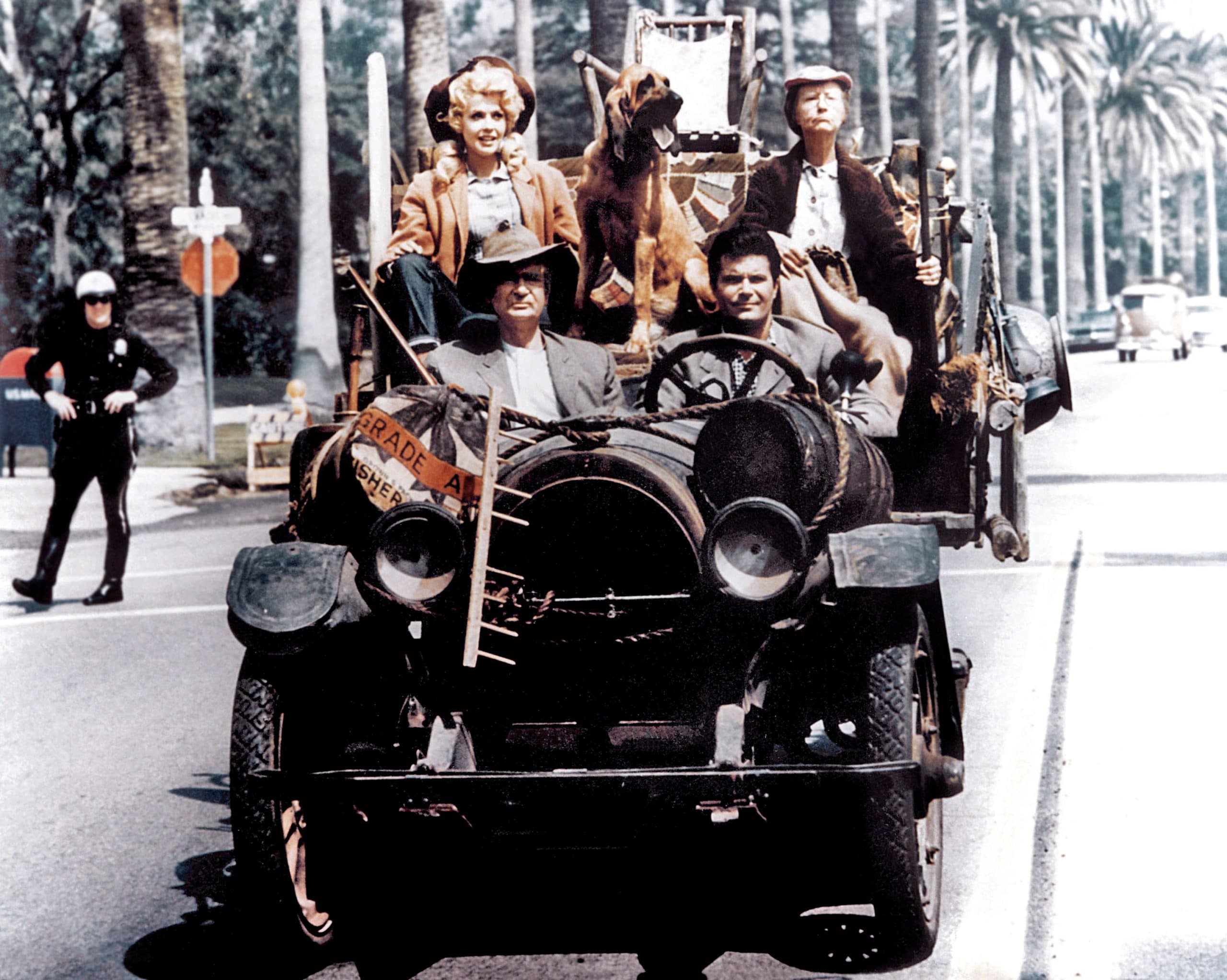 THE BEVERLY HILLBILLIES, (clockwise from top left): Donna Douglas, Duke the bloodhound, Irene Ryan, Max Baer Jr., Buddy Ebsen, 1962-71