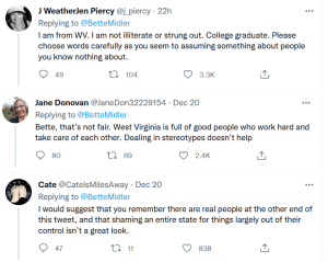 Discontent replies to Bette Midler's statements about West Virginia