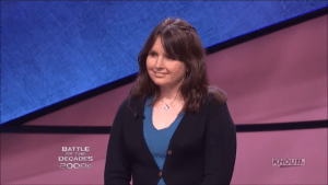Former record-holder Larissa Kelly, who congratulated the latest female champion of Jeopardy!