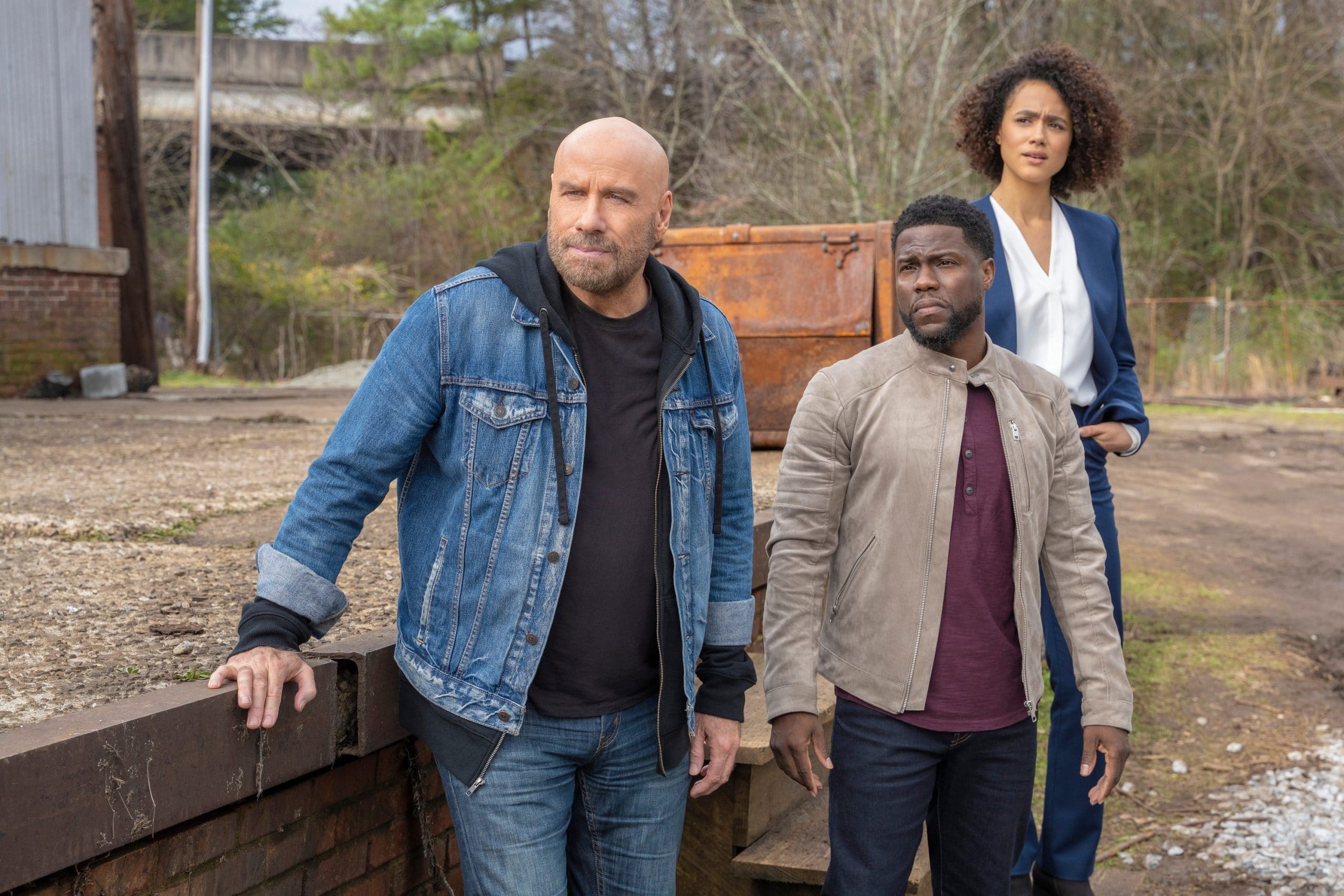 DIE HART, from left: John Travolta, Kevin Hart, Nathalie Emmanuel