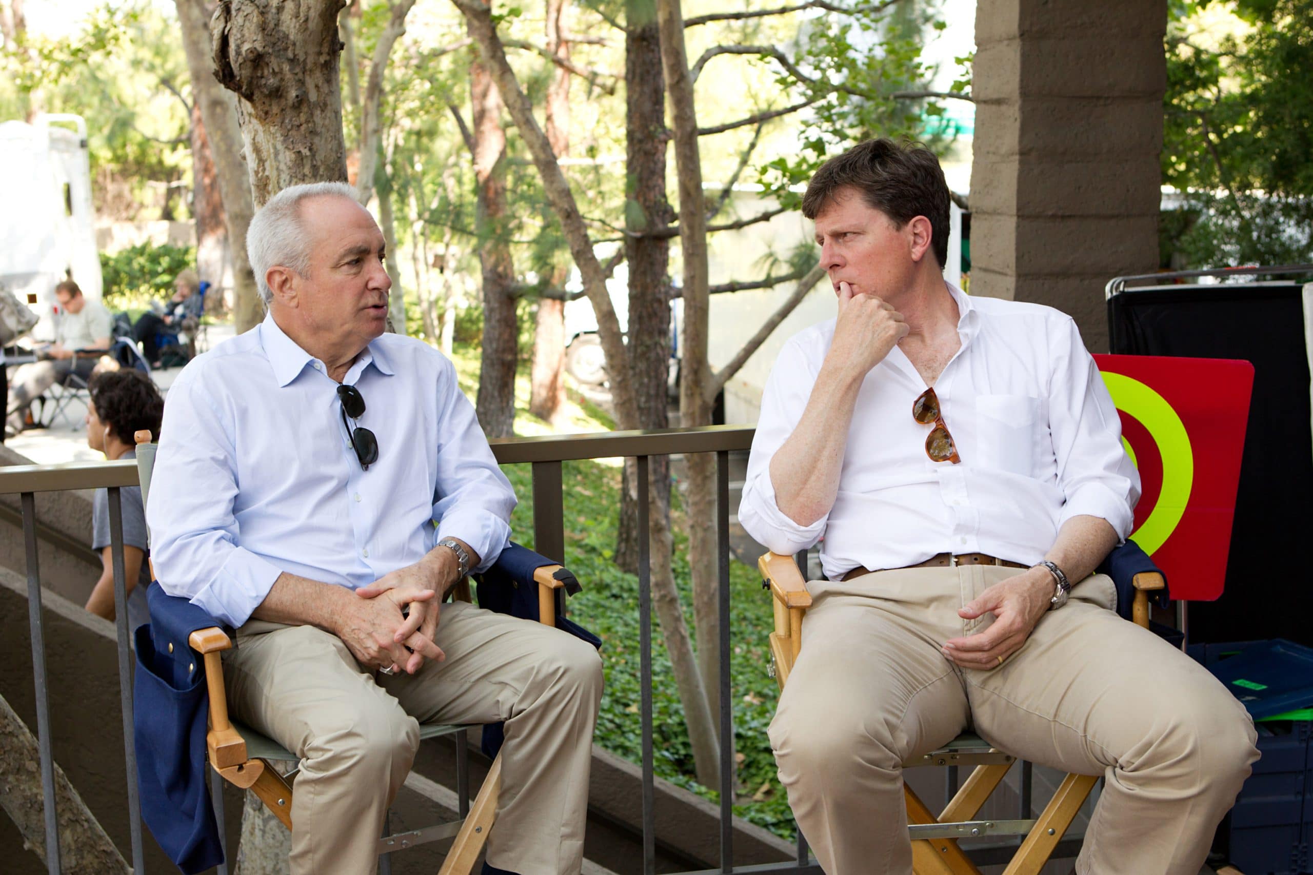 THE GUILT TRIP, from left: producers Lorne Michaels, John Goldwyn, on set, 2012