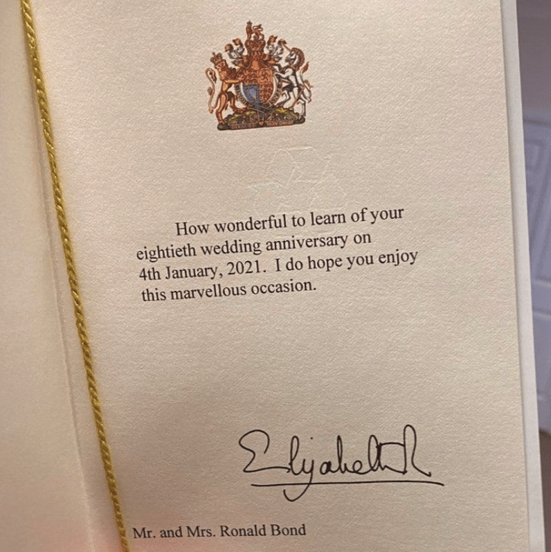 Note to Ron and Joyce Bond from Queen Elizabeth