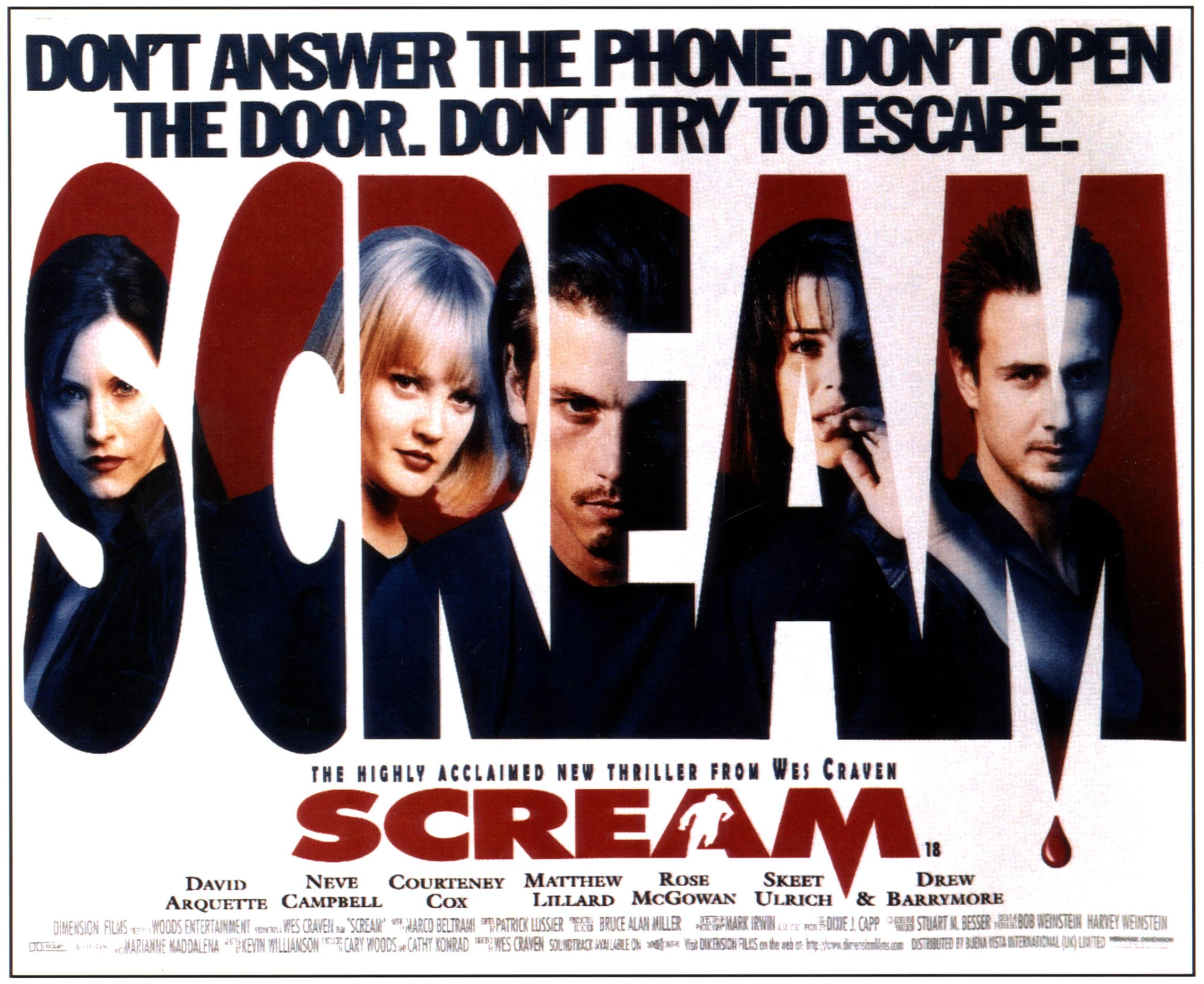 SCREAM, Courteney Cox, Drew Barrymore, Skeet Ulrich, Neve Campbell, David Arquette, 1996