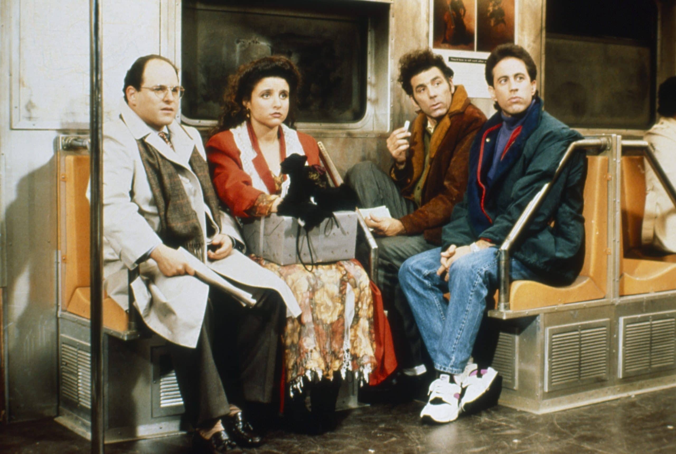 SEINFELD, from left: Jason Alexander, Julia Louis-Dreyfus, Michael Richards, Jerry Seinfeld, in 'The Subway'