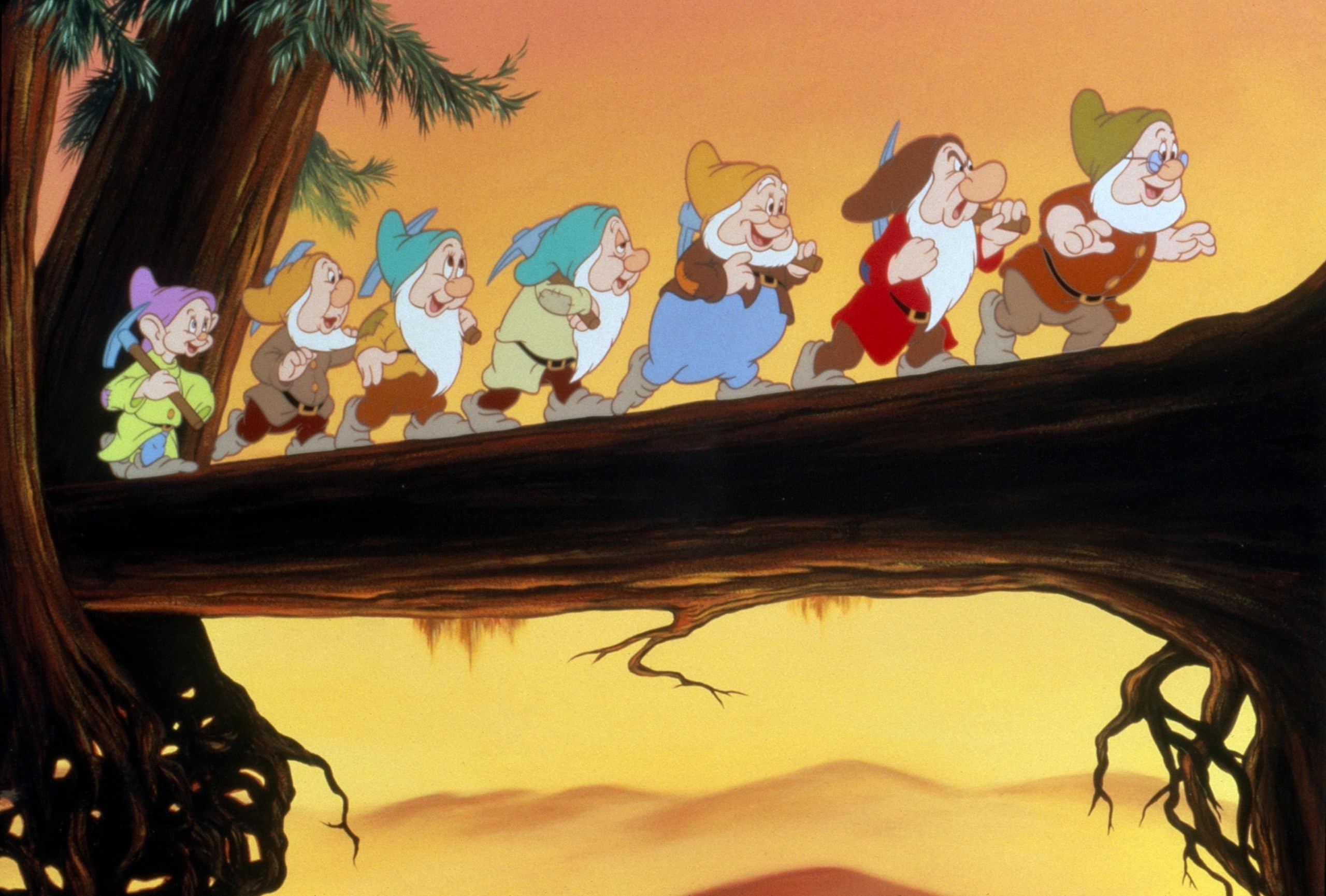 SNOW WHITE AND THE SEVEN DWARFS, from left: Dopey (voice: Eddie Collins) , Sneezy (voice: Billy Gilbert), Bashful (voice: Scotty Mattraw), Sleepy (voice: Pinto Colvig), Happy (voice: Otis Harlan), Grumpy (Pinto Colvig), Doc (voice: Roy Atwell), 1937