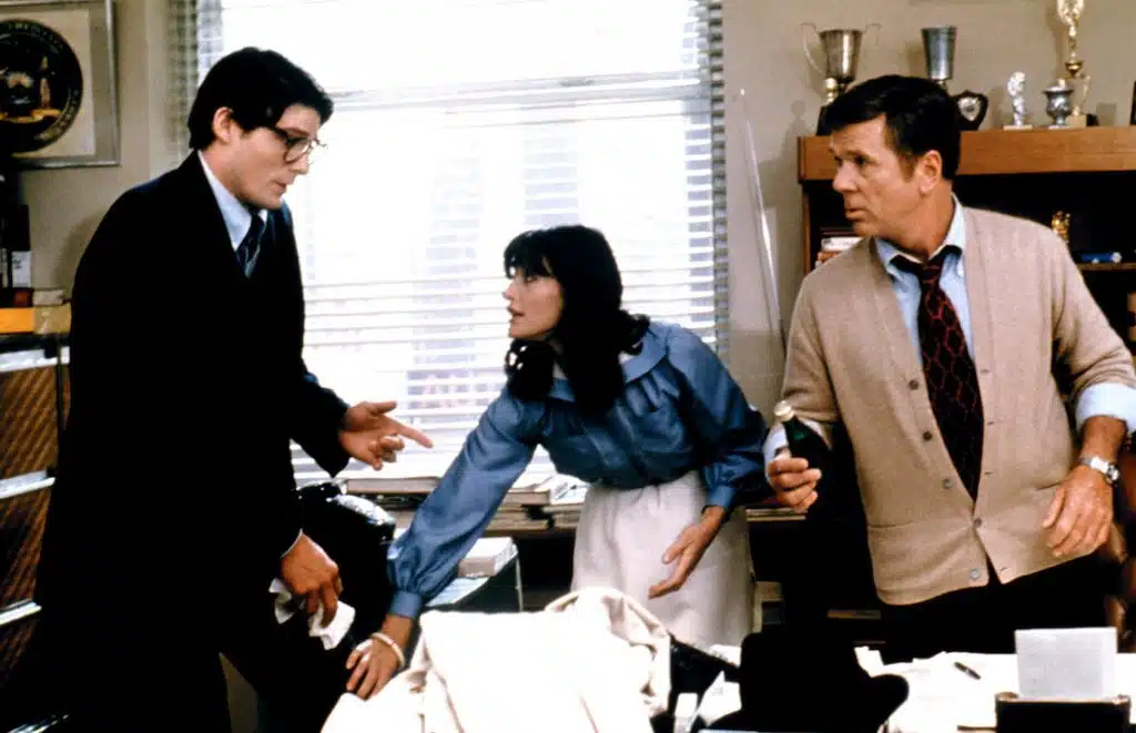 Christopher Reeve, Margot Kidder and Jackie Cooper in 'Superman'