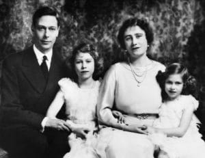 British Royal Family. From left: British King George VI, Future British Queen Princess Elizabeth, British Queen Elizabeth (future Queen Mother), Future Countess of Snowdon Princess Margaret