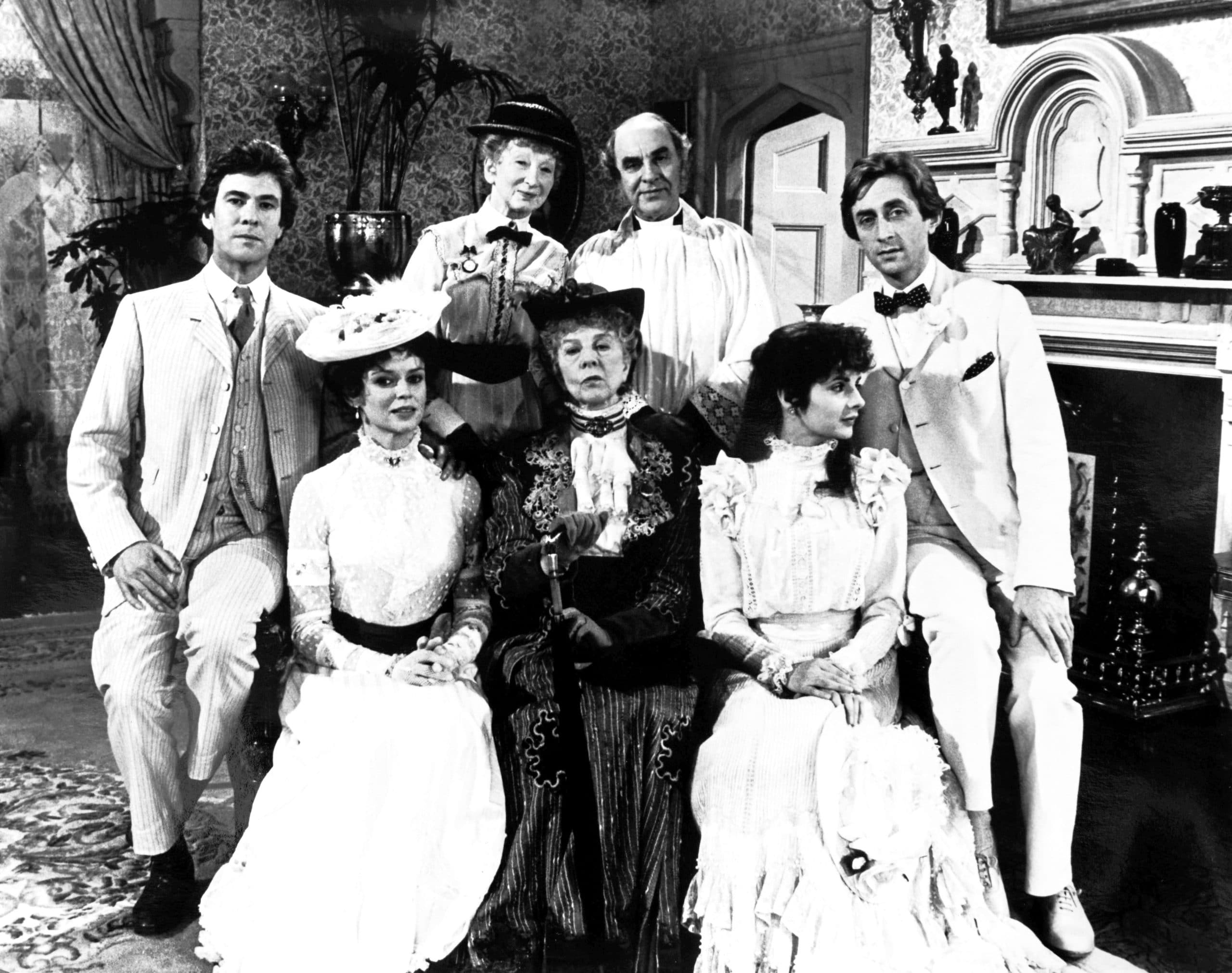 THE IMPORTANCE OF BEING EARNEST, top, from left, Gary Bond, Rosamund Greenwood, Henry Moxon, Jeremy Clyde; bottom, from left, Gabrielle Drake, Wendy Hiller, Ann Thornton, aired November 29, 1985