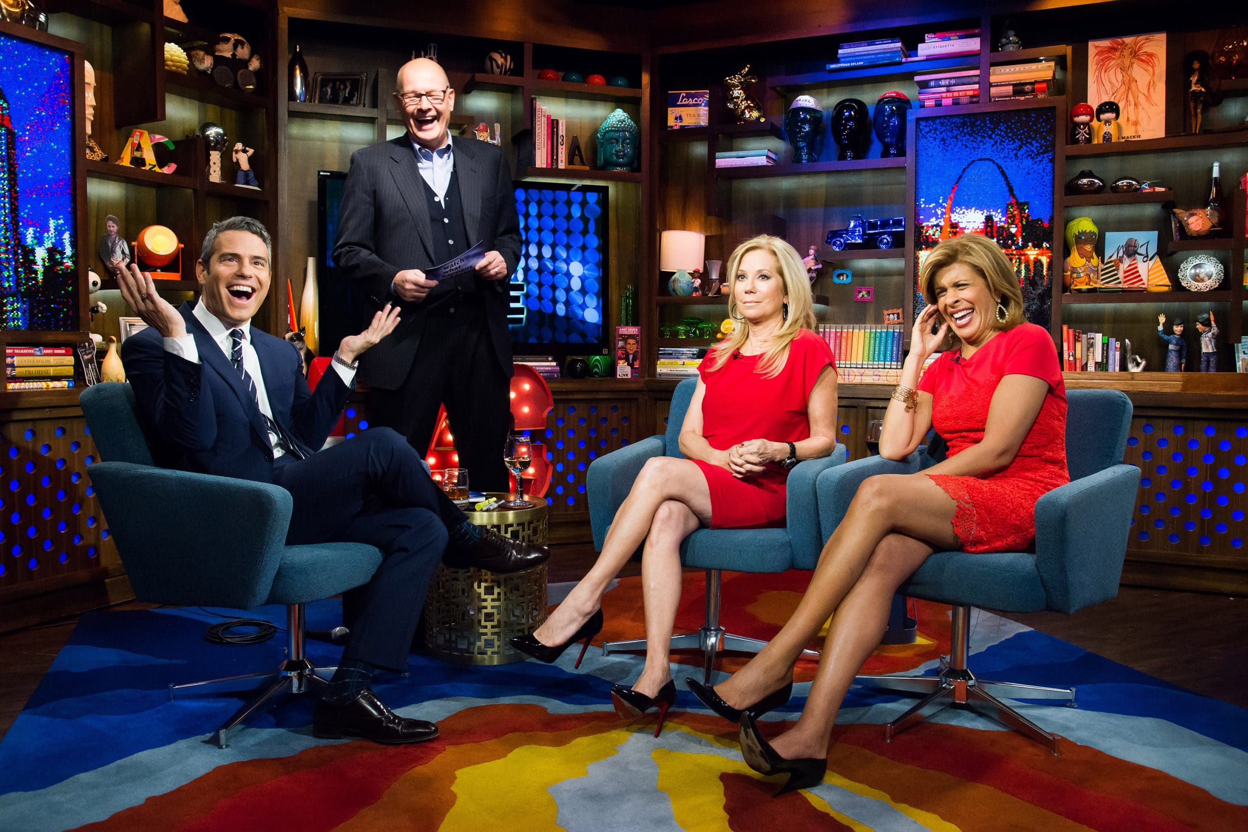 WATCH WHAT HAPPENS LIVE, (from left): host Andy Cohen, Harry Smith, Kathie Lee Gifford, Hoda Kotb, 'Guests: Hoda Kotb &amp; Kathie Lee Gifford'