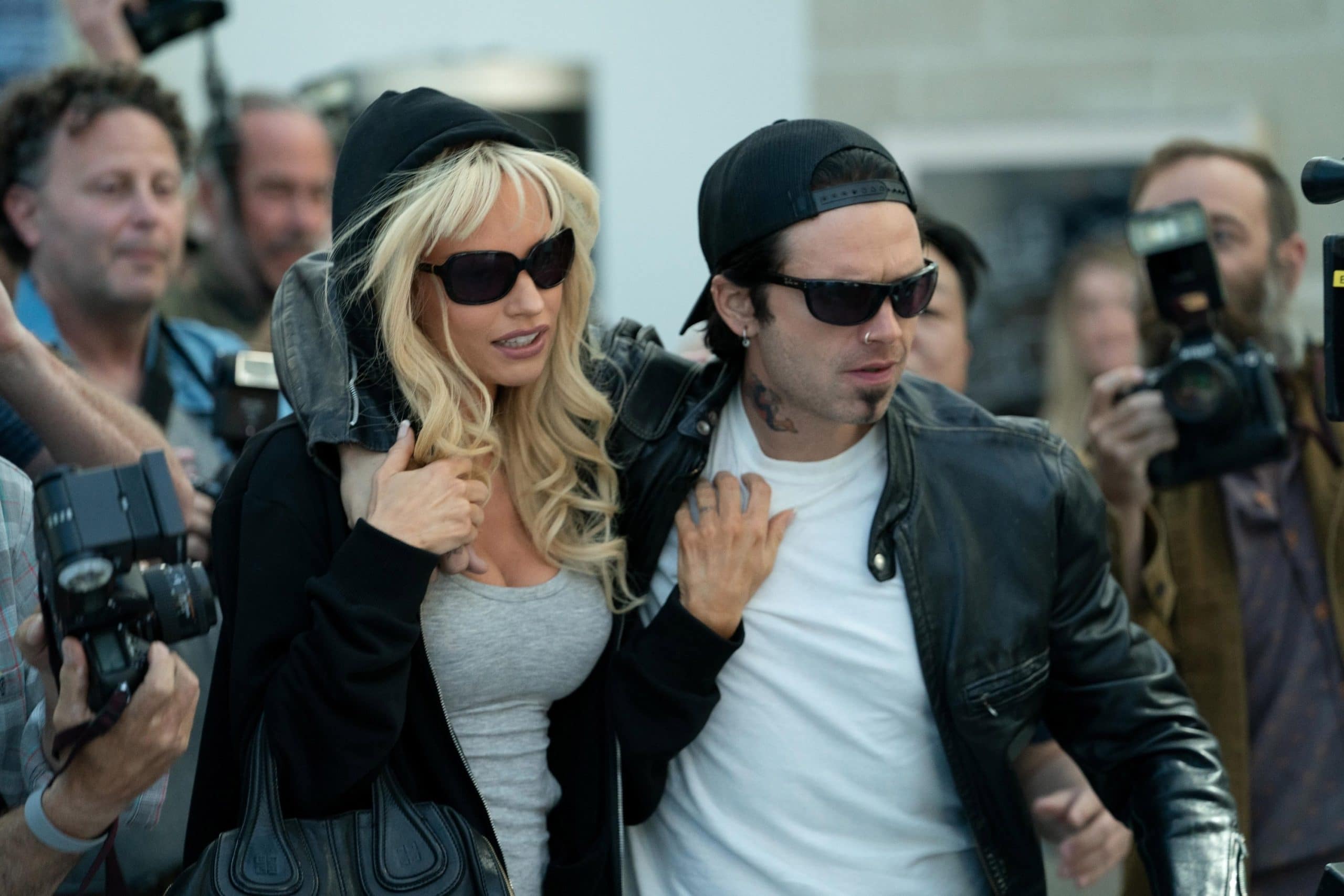 PAM &amp; TOMMY, (aka PAM AND TOMMY), from left: Lily James as Pamela Anderson, Sebastian Stan as Tommy Lee, 'I Love You, Tommy'