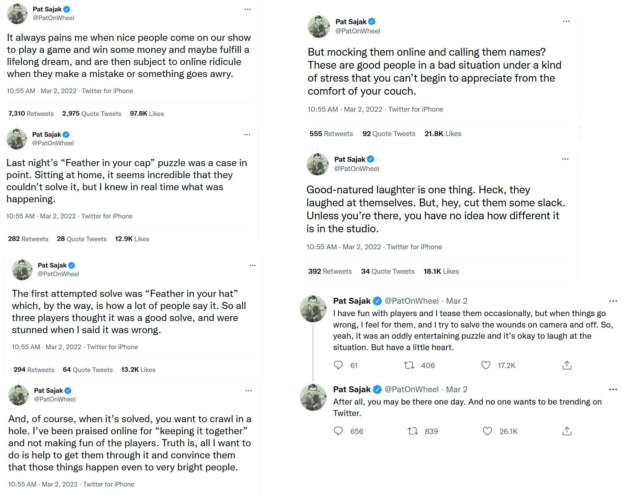 Another Feather In Your Cap Pat Sajak Responds To Puzzling Round