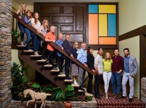 A VERY BRADY RENOVATION, from left: Jasmine Roth, Karen E. Laine, Mina Starsiak, Susan Olsen, Mike Lookinland, Eve Plumb, Christopher Knight, Maureen McCormick, Barry Williams, Leanne Ford, Steve Ford, Lara Spencer, Jonathan Scott, Drew Scott