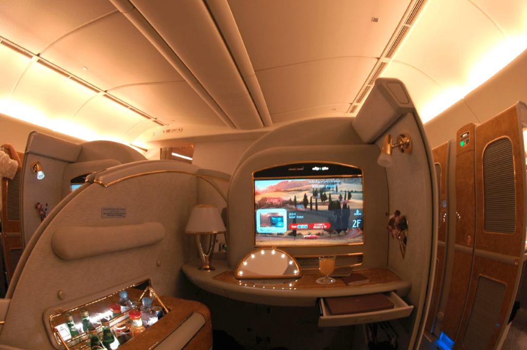 Inside of a first class plane flight