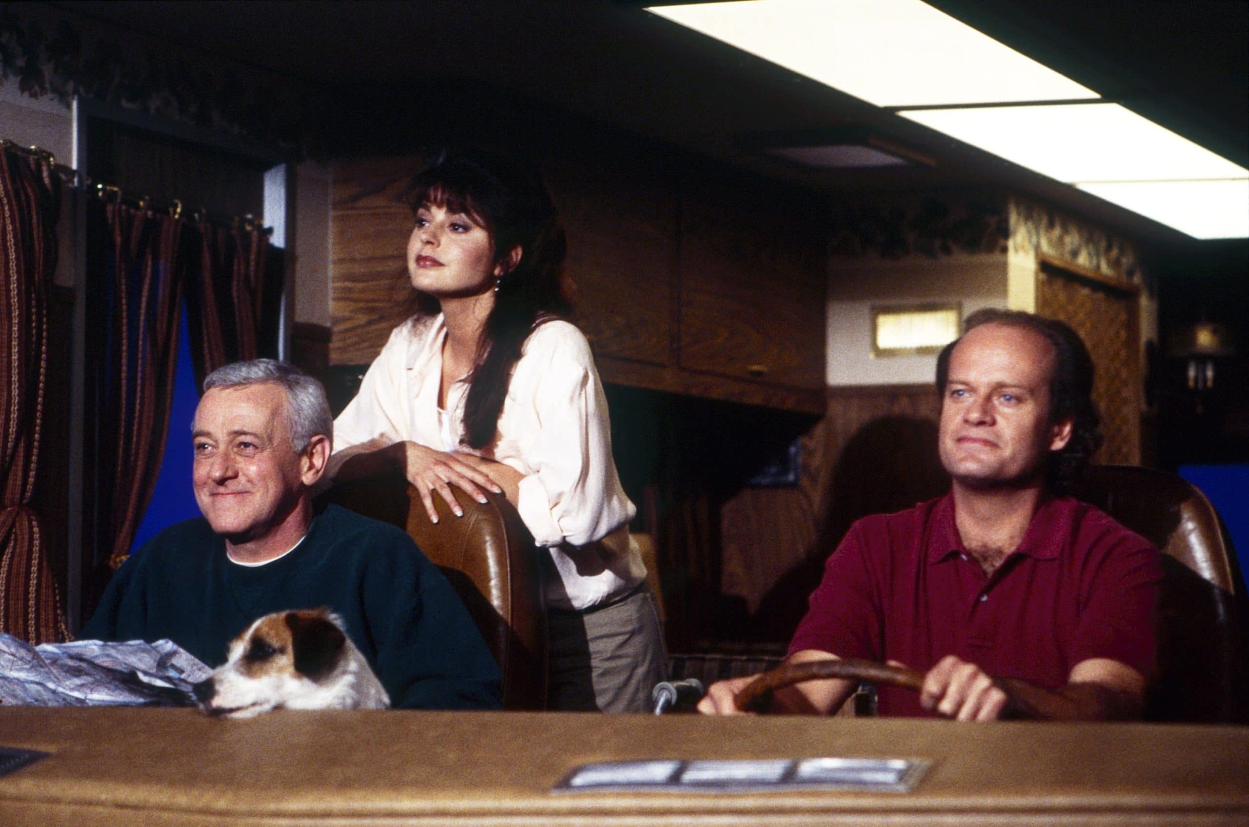 FRASIER, from left: John Mahoney, Jane Leeves, Kelsey Grammer, with Moose, as Eddie
