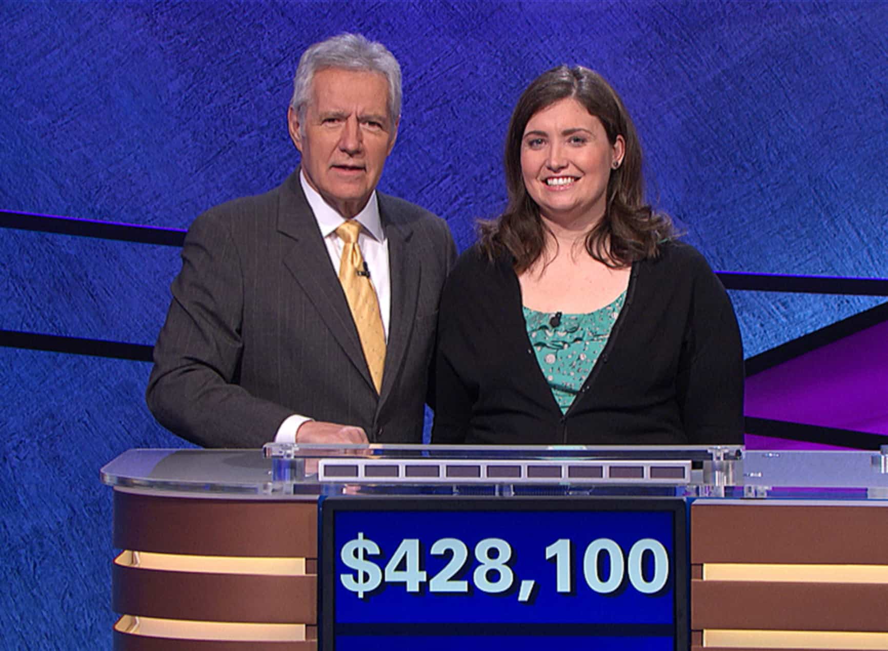 JEOPARDY, (from left): host Alex Trebek, contestant Julia Collins