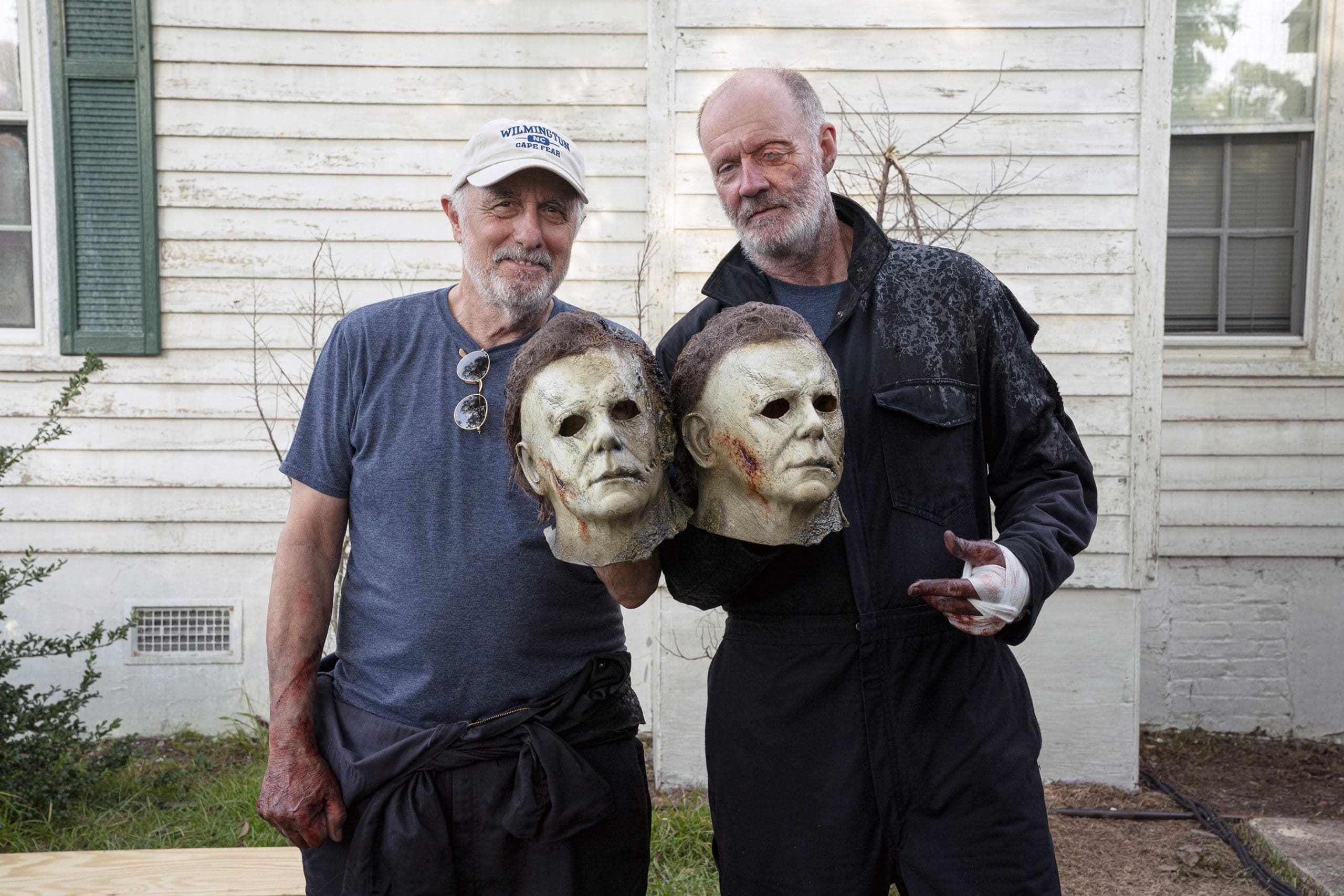 HALLOWEEN KILLS, from left: Nick Castle, James Jude Courtney, who both perform as 'the shape' / Michael Myers, on set, 2021