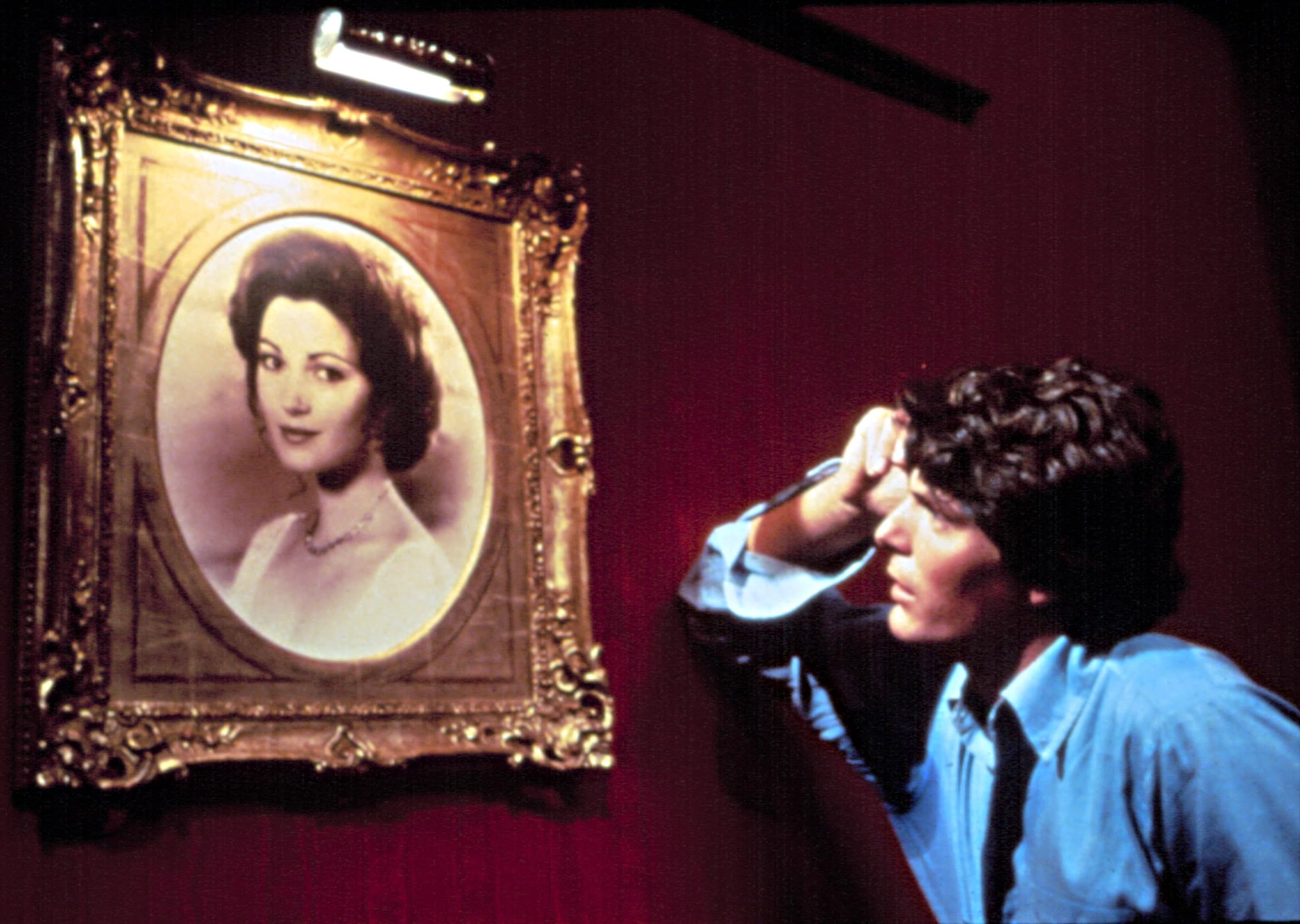SOMEWHERE IN TIME, portrait of Jane Seymour, being stared at by Christopher Reeve, 1980