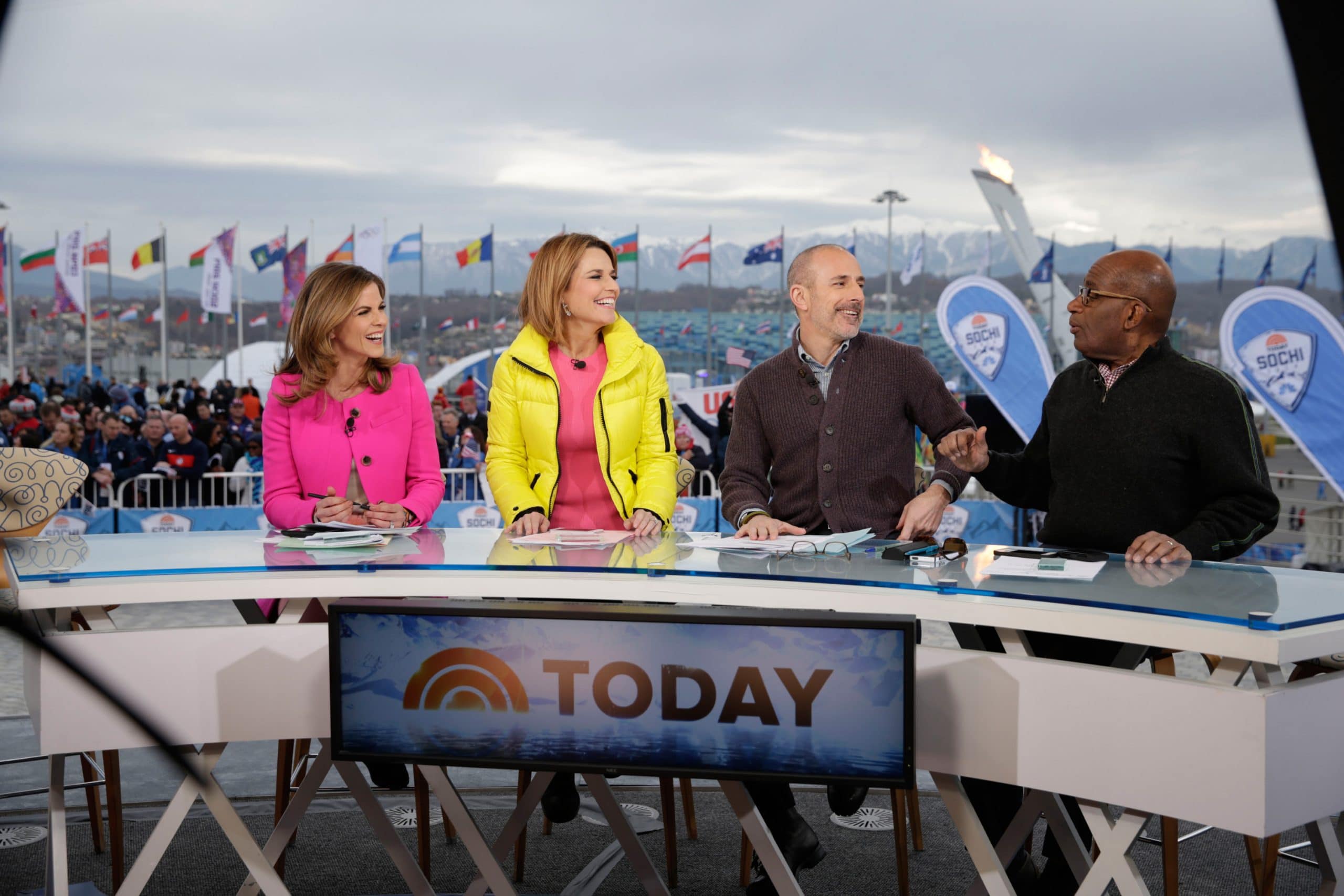 THE TODAY SHOW (aka TODAY), from left: Natalie Morales, Savannah Guthrie, Matt Lauer, Al Roker, (in Sochi Russia at the 2014 Winter Olympics)