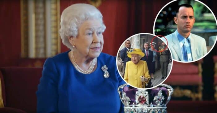 Forrest Gump lookalike seen in background of photo of the Queen