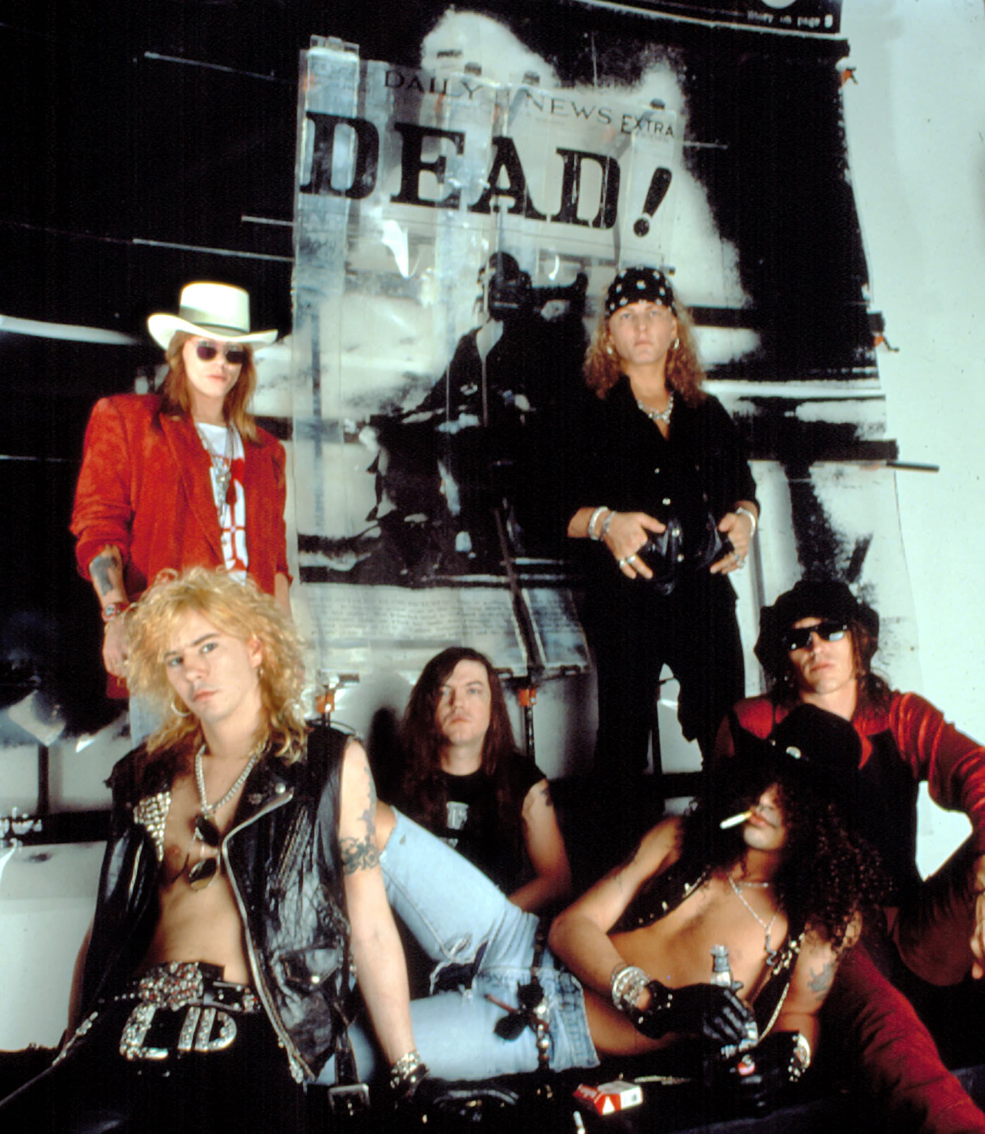 GUNS N' ROSES, Axl Rose, Duff McKagan, Dizzy Reed, Matt Sorum, Slash (aka Saul Hudson), Izzy Stradlin, circa 1990