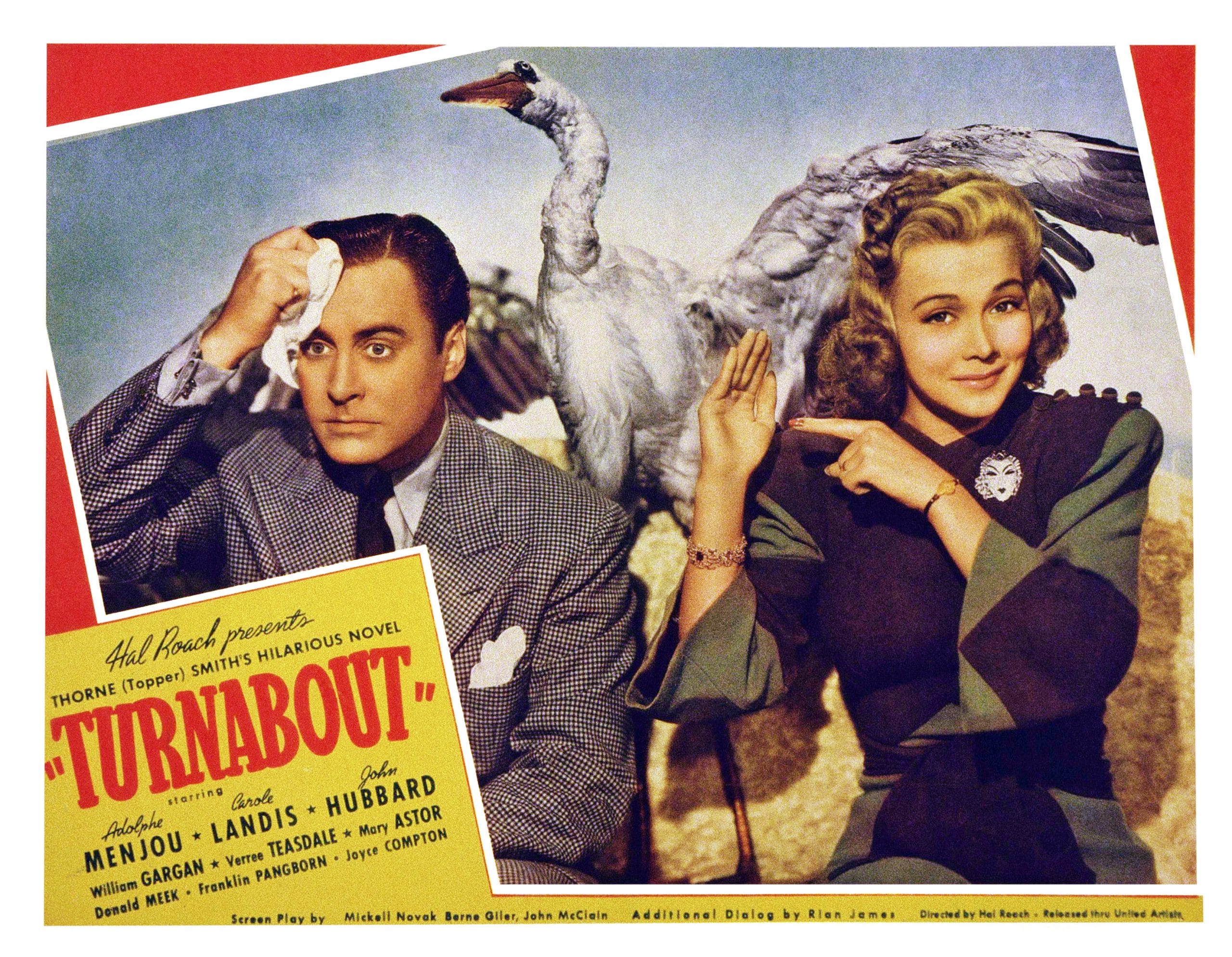 TURNABOUT, US lobbycard, from left: John Hubbard, Carole Landis, 1940