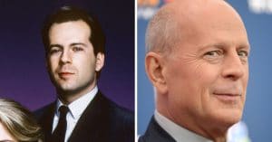 Bruce Willis in the '80s, when he voiced baby Mikey, and today