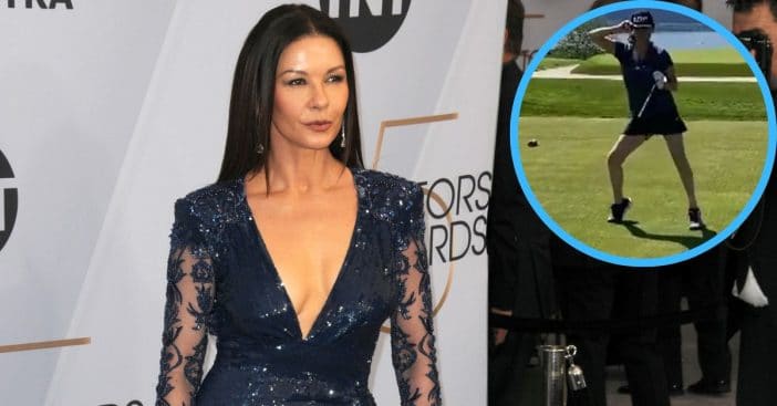 Catherine Zeta-Jones shows off some dance moves during a game of golf