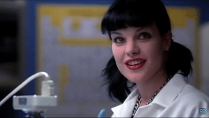 Pauley Perrette with her usual black hair as Abby