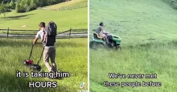 Strangers show up to help a man mow his large yard