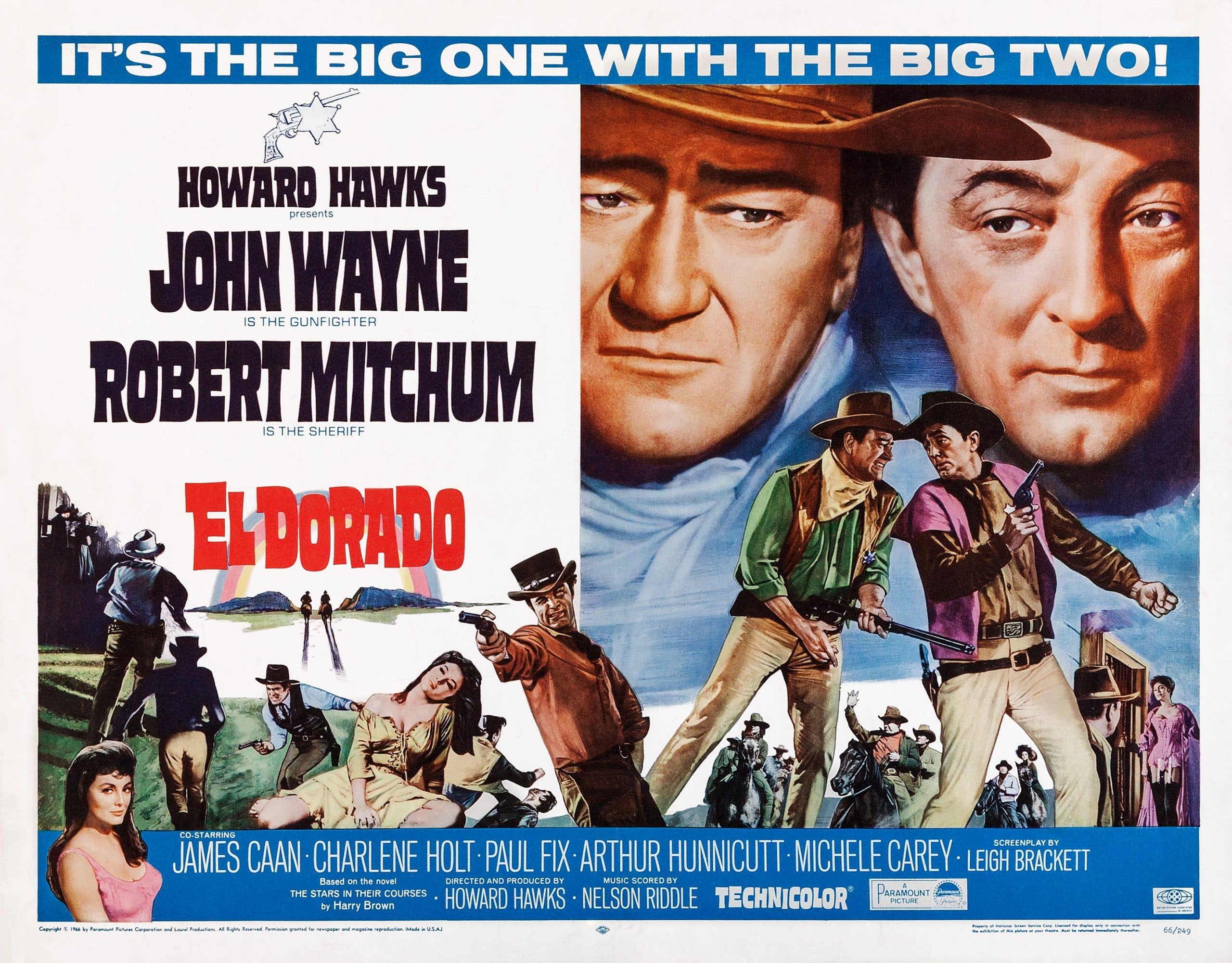 EL DORADO, top and center l-r: John Wayne, Robert Mitchum, bottom center: James Caan on poster art, 1966