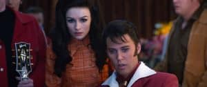 ELVIS, from left: Olivia DeJonge as Priscilla Presley, Austin Butler as Elvis Presley