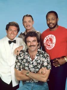 MAGNUM P.I., (clockwise from left): Larry Manetti, John Hillerman, Roger E. Mosley, Tom Selleck