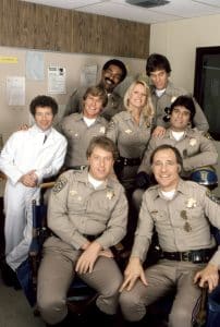 CHIPS, (top, l to r): Michael Dorn, Brodie Greer, (middle): Lou Wagner, Larry Wilcox, Randi Oakes, Erik Estrada, (front): Paul Linke, Robert Pine