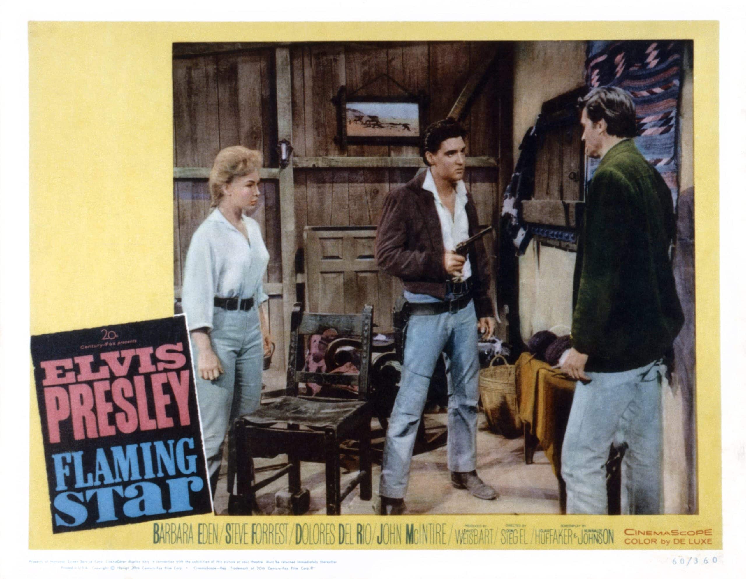 FLAMING STAR, US lobbycard, from left: Barbara Eden, Elvis Presley, Steve Forrest, 1960