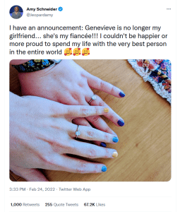 Amy Schneider announced her engagement to Genevieve Davis