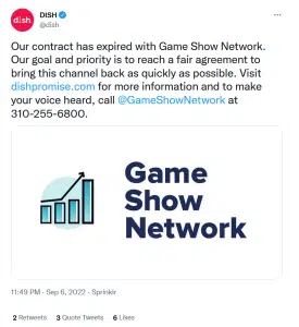 Dish shared its own updates about no longer having the Game Show Network